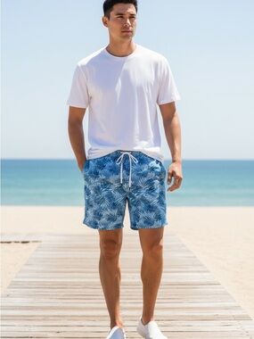 NWT Onia Blue Palm-Print Stretch Volley Swim Short 7" Size L